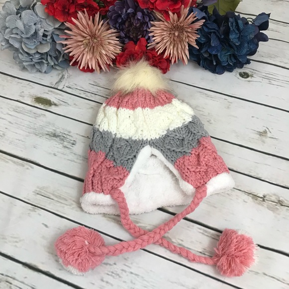 Gray, Pink & White Fleece Lined Beanie with Pom Poms - Picture 13 of 15